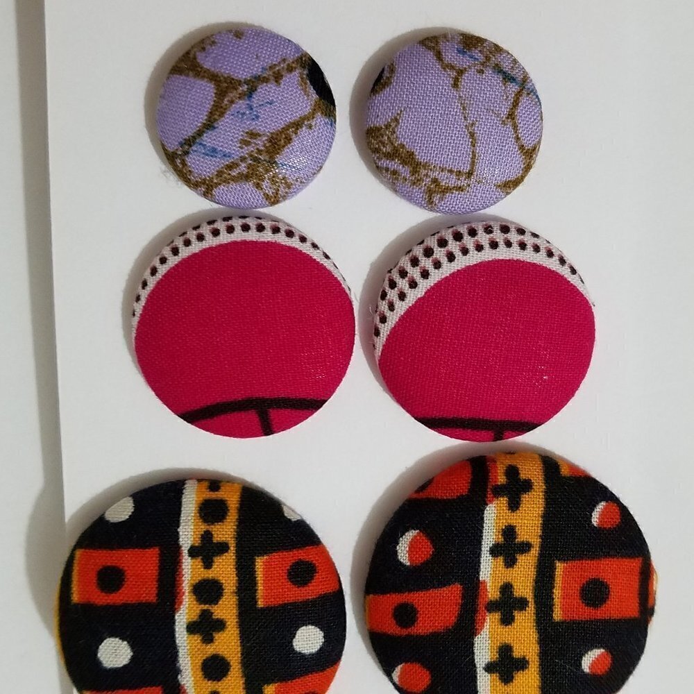 Hand Crafted Earrings Lot of 3 African Ankara Fabric Button Yellow Black Orange - Picture 3 of 3